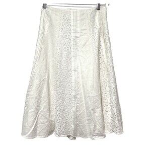 Coldwater Creek Midi Skirt Linen Blend Lace A-Line White Western Boho Coastal PS